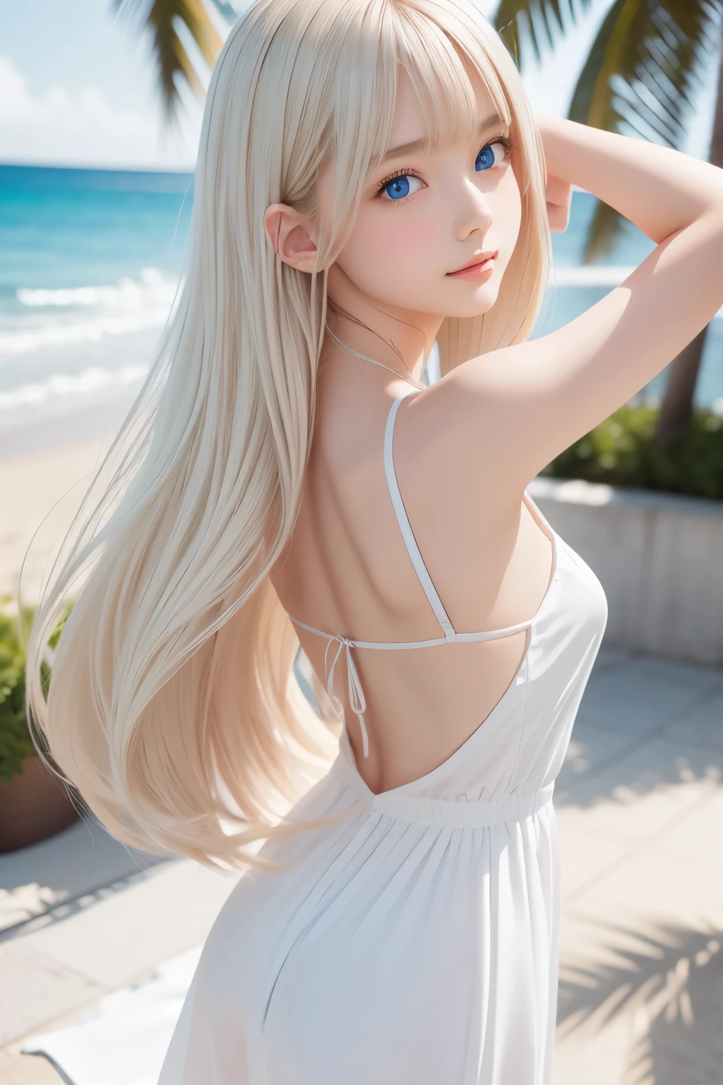 detailed face, cute face, master piece , best quality , detailed , woman , dresses , standing , both hands up , armpit , from back , beach, Shiny platinum blonde silk super long straight hair, beautiful shiny bangs, big clear sky blue eyes, very beautiful bright eye highlights