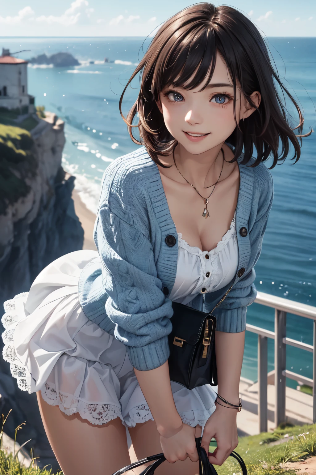 very cute and beautiful girl,(highly detailed beautiful face and eyes), frilled white summer dress with detailed lace,(navyblue cardigan),standing, from hilltop,ocean view,grassland,fence,distant white lighthouse, (smile:1.2),happy,black hair,mid shot,holding cute fashion bag,detailed legs, (best quality,masterpiece),absurdres,highres,ultra-detailed,extremely detailed,32k,8k resolution, intricate details,cinematic scene,detailed background,solo,dynamic angle,