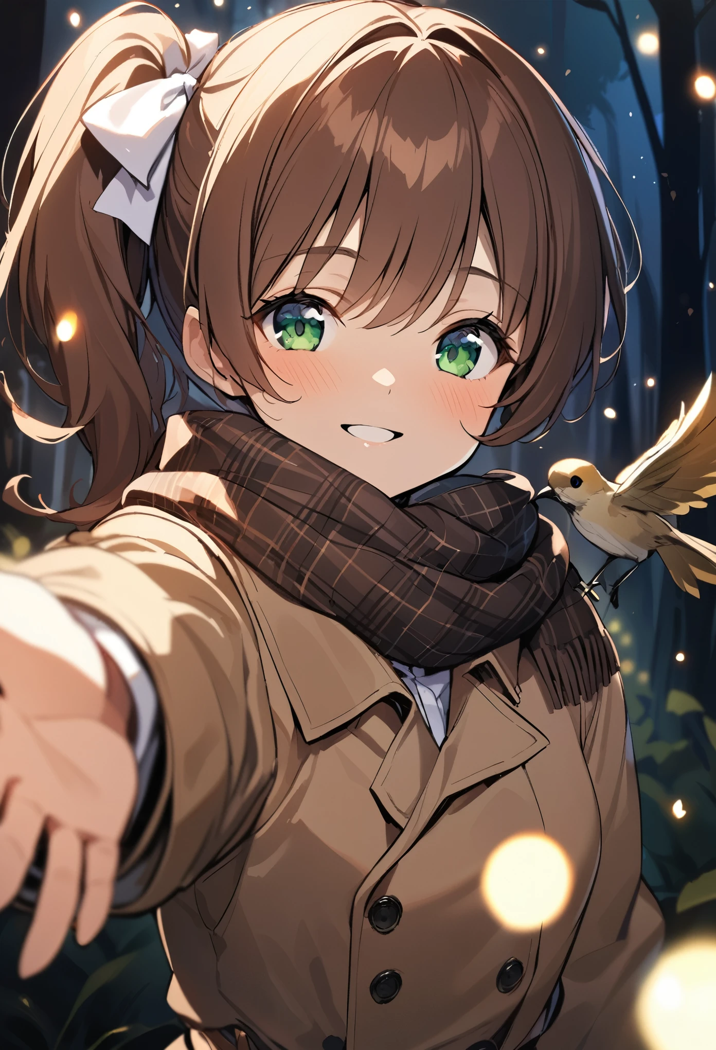 1girl, in a forest, dark, at night, (brown hair, green eyes, white ribbon) teen, Monika, DDLC, Monika from Doki Doki Literature Club, smile, reaches out hes arm to a bird, date, face focus, masterpiece, best quality, fireflies, light particle, solo, pixiv, depth of field, cinematic composition, best lighting,Brown side ponytail,scarf,Trench coat,