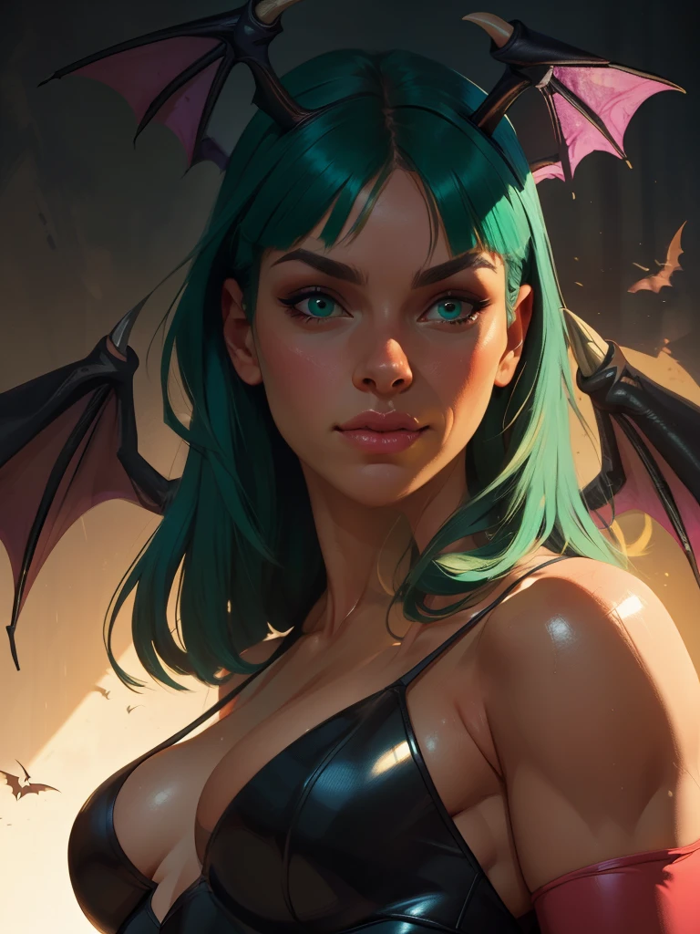 Realistic oil paint portrait of Morrigan Aensland, hot Body, Dynamic sensual pose, soft smile, long green hair, (((Bat wings))) , detailed skin Textures, intricate, detailed face, hyperrealistic, realistic light and shadows , ((cinematic lighting)) . Abstract paint background. Poetic, dramatic. 