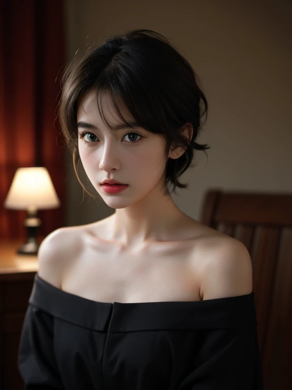 highest quality, Tabletop, 超A high resolution, (Realistic:1.5), RAW Photos, One Girl, Off the shoulder, In the Dark, Deep Shadow, Low Key, Cold Light, Sexy Looks, short hair, Browsing Caution