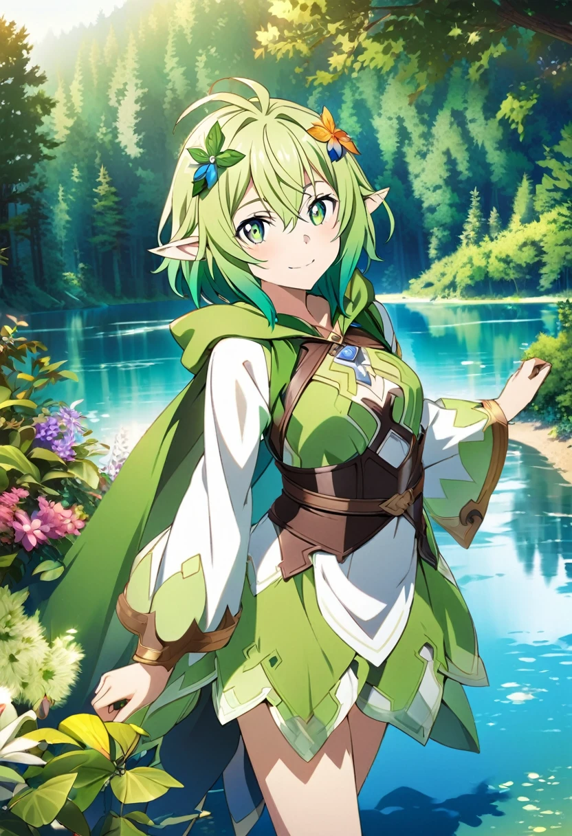 Hyakuya Mikaela \(Sword Art Online\), (long forest green hair), (olive green eyes):1.2, (Elf), fairy costume, bangs, smiling gently, colorful leaves hair ornament, ((ultra-detailed)), ((illustration)), ((neat hair)), (beautiful detailed eyes), female, 1girl, standing, (lake, forest)), looking at viewer