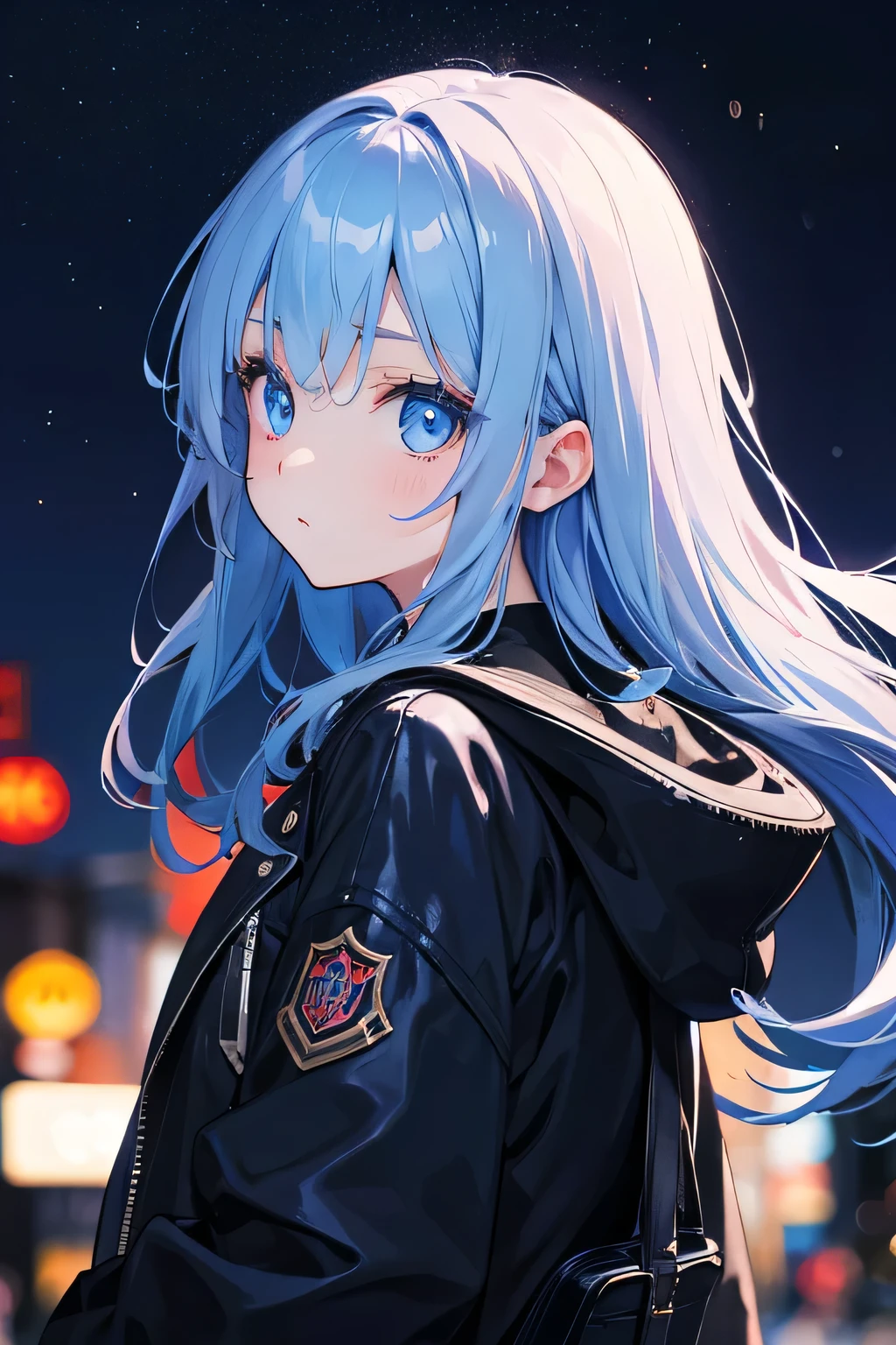 girl、blue eyes、Illuminated Hair、Big eyes、Shining Eyes、Jacket、Looking back、night、casual、fashion、Japan
