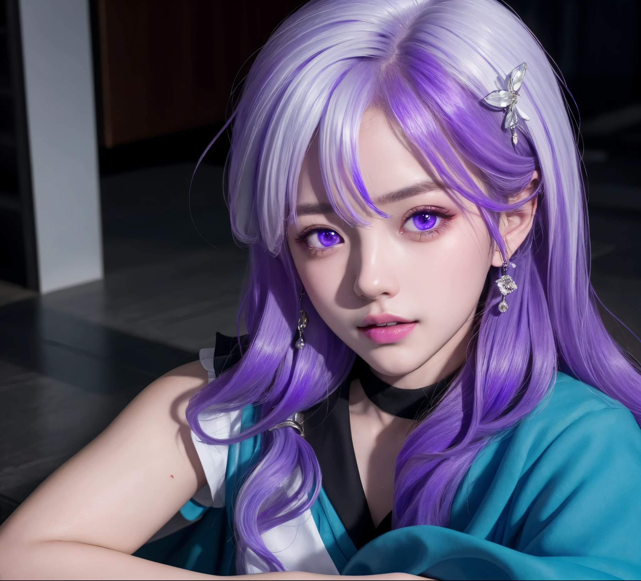 (masterpiece), (high quality), (8k resolution), (RAW photos), (best quality), (masterpiece:1.5), (Practical:1.5), ((photo Practical)), Vivid details, hyper Practical,1 Girl,1 Boy, (Lovely:1.2), beautiful, high quality、Delicate face, Perfect face, (purple hair and white hair:1.4), Red face,Two braids, delicate eyes, (Purple Eyes),Colored eyes,(Big watery eyes),National Foundation,, slim body, looking at the audience, Shut up, Real human skin, shiny skin, ((Uniforms)), sit, floor,