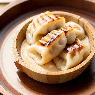 These dumplings are made from wheat flour dough stretched thinly into a semicircular shape.、Gyoza with grilled edges、