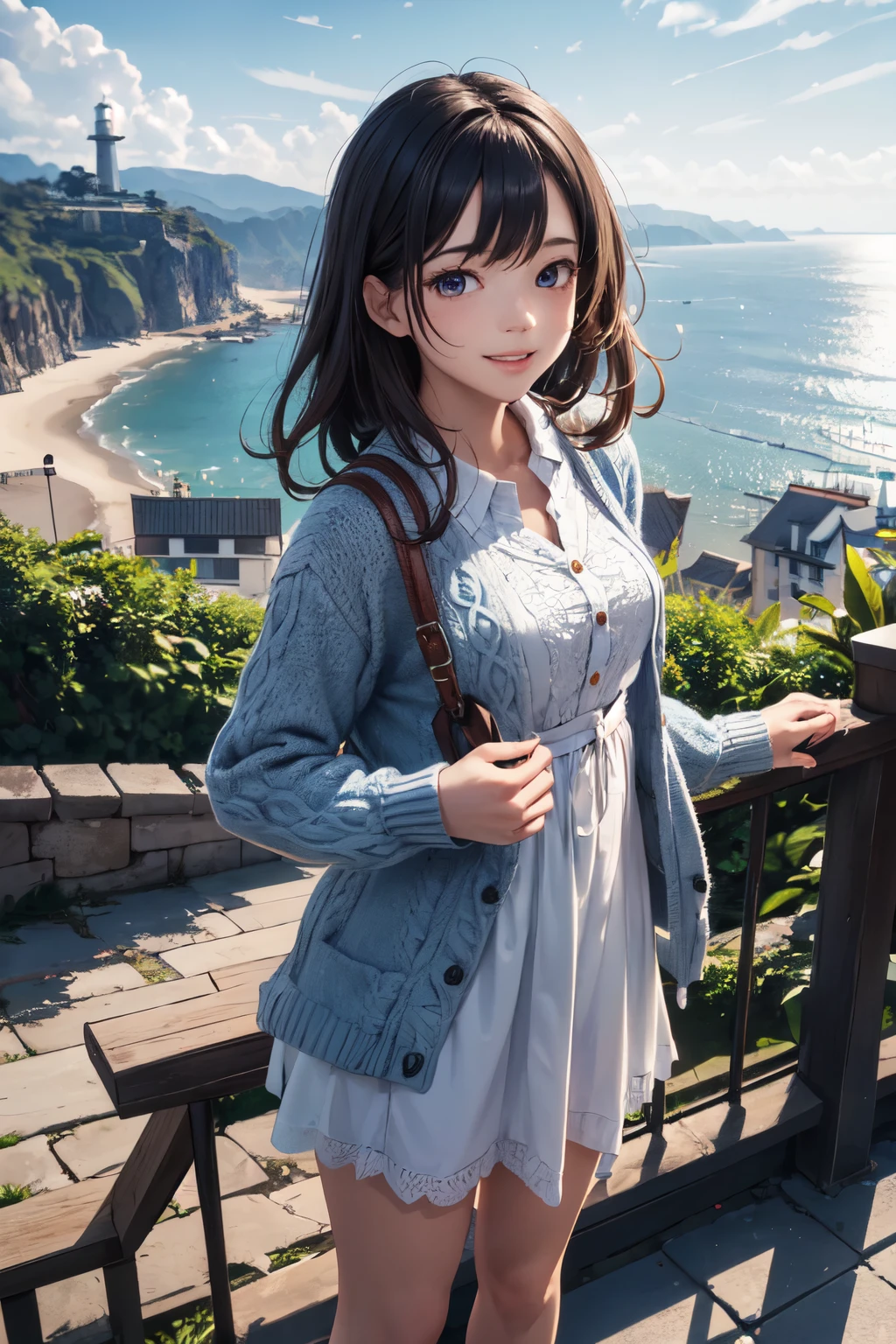 very cute and beautiful girl,(highly detailed beautiful face and eyes), frilled white summer dress with detailed lace,(navyblue cardigan),standing, from hilltop,ocean view,grassland,fence,distant white lighthouse, (smile:1.2),happy,black hair,mid shot,holding cute fashion bag,detailed legs, (best quality,masterpiece),absurdres,highres,ultra-detailed,extremely detailed,32k,8k resolution, intricate details,cinematic scene,detailed background,solo,dynamic angle,