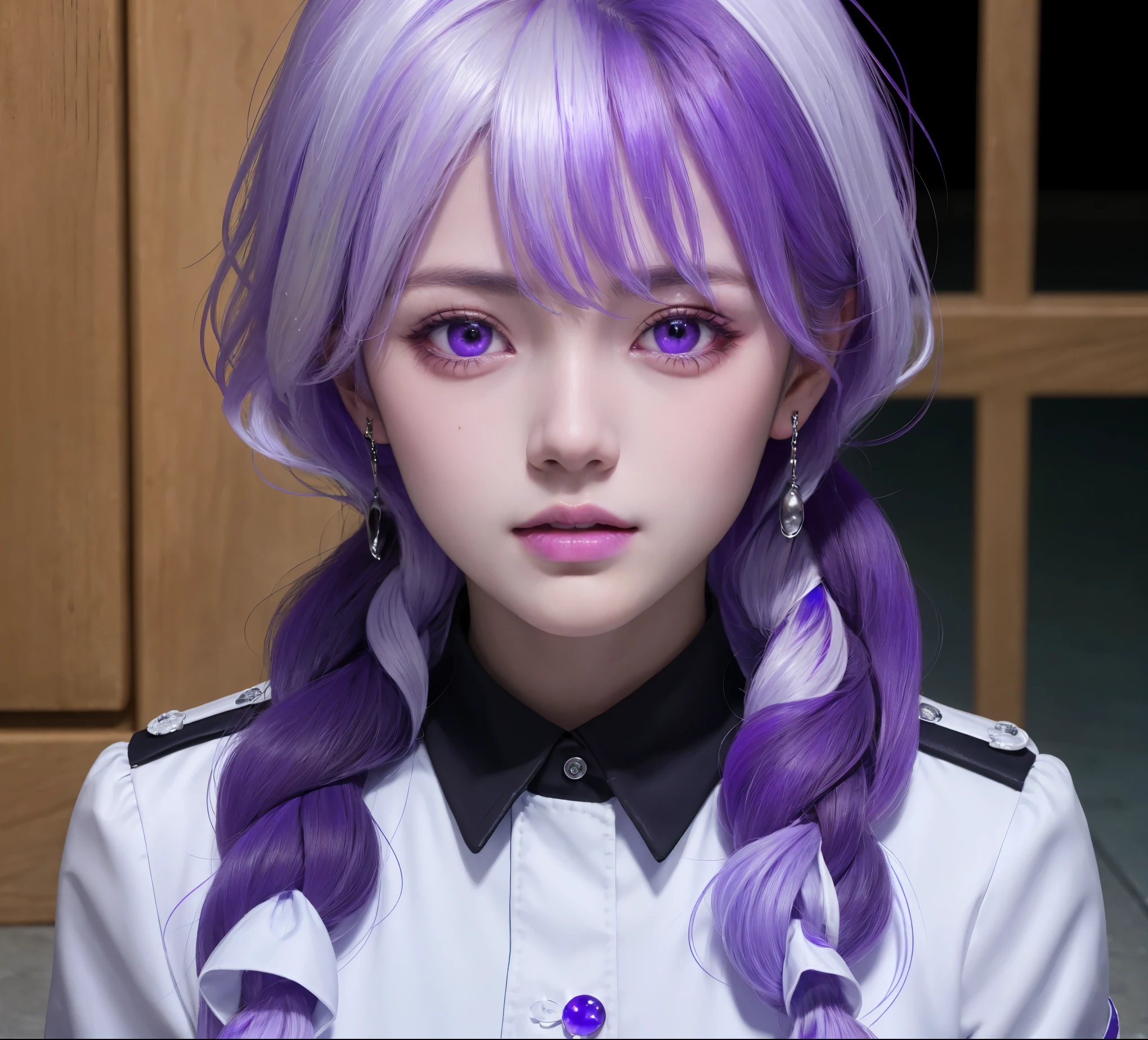 (masterpiece), (high quality), (8k resolution), (RAW photos), (best quality), (masterpiece:1.5), (Practical:1.5), ((photo Practical)), Vivid details, hyper Practical,1 Girl,1 Boy, (Lovely:1.2), beautiful, high quality、Delicate face, Perfect face, (purple hair and white hair:1.4), Red face,Two braids, delicate eyes, (Purple Eyes),Colored eyes,(Big watery eyes),National Foundation,, slim body, looking at the audience, Shut up, Real human skin, shiny skin, ((Uniforms)), sit, floor,