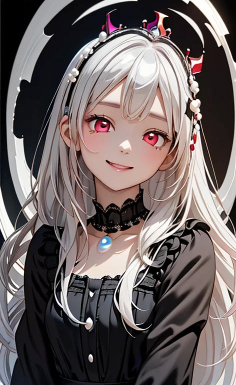 (Photorealistic:1.4)、asuna,(masterpiece、lens flare:1.5、spot light:1.2、Exquisite beautiful eyeonochrome:1.5,portlate、)(little devil:1.3),()
、Cute Face、 3D Face、(pearl white hair:1.5)、(wavy hair:1.3),(1 Girl)、(Red eyes:1.2)、(upper body)、(happy:1.5)、(head tilt) ,(Cute face:1.2),(flat chest),(half closed eyes),kind face,(white lace frilled gothic lolita),(black background:1.5)、(glowing eyes:1.3)、(crown:1.3)、 Neat and clean、Adorable、Slim Body(Tareme:1.5),Shiny Hair、(Glowing pink Skin)、Nijisketch,Manga,beautifuljapanesewoman