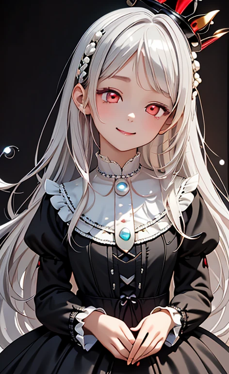 (Photorealistic:1.4)、asuna,(masterpiece、lens flare:1.5、spot light:1.2、Exquisite beautiful eyeonochrome:1.5,portlate、)(little devil:1.3),()
、Cute Face、 3D Face、(pearl white hair:1.5)、(wavy hair:1.3),(1 Girl)、(Red eyes:1.2)、(upper body)、(happy:1.5)、(head tilt) ,(Cute face:1.2),(flat chest),(half closed eyes),kind face,(white　lace frilled gothic ta),(black background:1.5)、(glowing eyes:1.3)、(crown:1.3)、 Neat and clean、Adorable、Slim Body(Tareme:1.5),Shiny Hair、(Glowing pink Skin)、Nijisketch,Manga,beautifuljapanesewoman