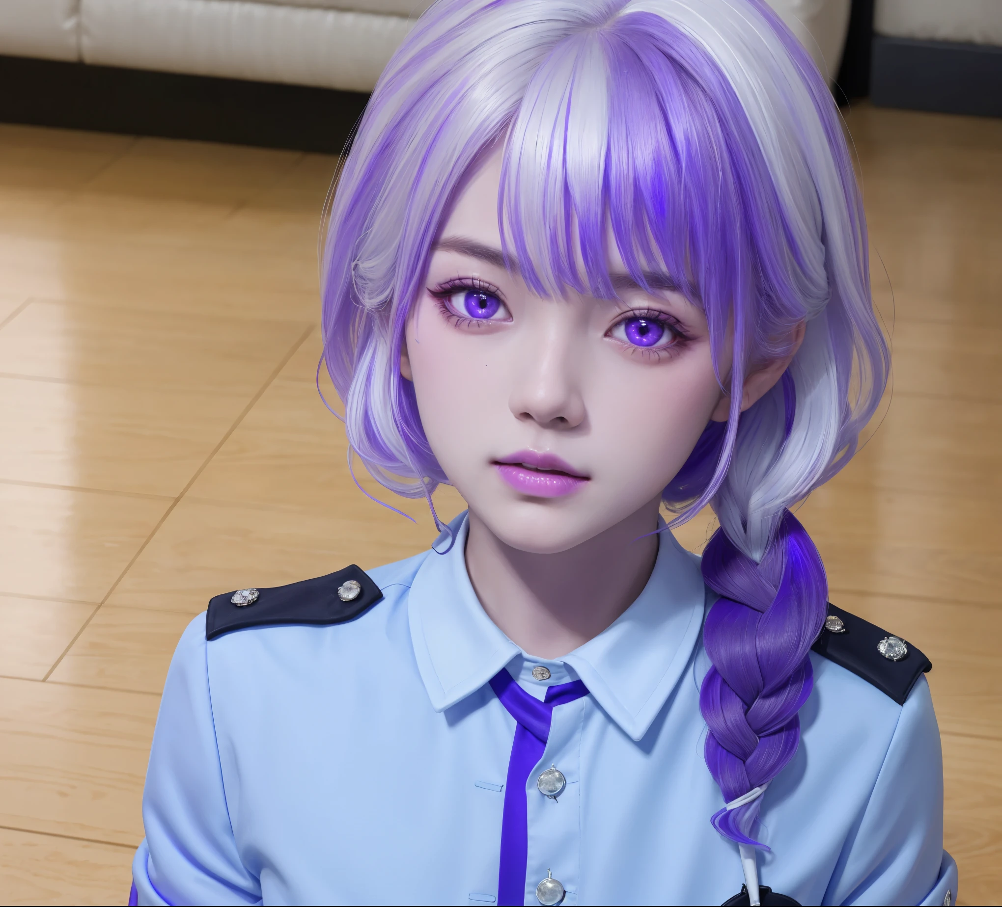 (masterpiece), (high quality), (8k resolution), (RAW photos), (best quality), (masterpiece:1.5), (Practical:1.5), ((photo Practical)), Vivid details, hyper Practical,1 Girl,1 Boy, (Lovely:1.2), beautiful, high quality、Delicate face, Perfect face, (purple hair and white hair:1.4), Red face,Two braids, delicate eyes, (Purple Eyes),Colored eyes,(Big watery eyes),National Foundation,, slim body, looking at the audience, Shut up, Real human skin, shiny skin, ((Uniforms)), sit, floor,