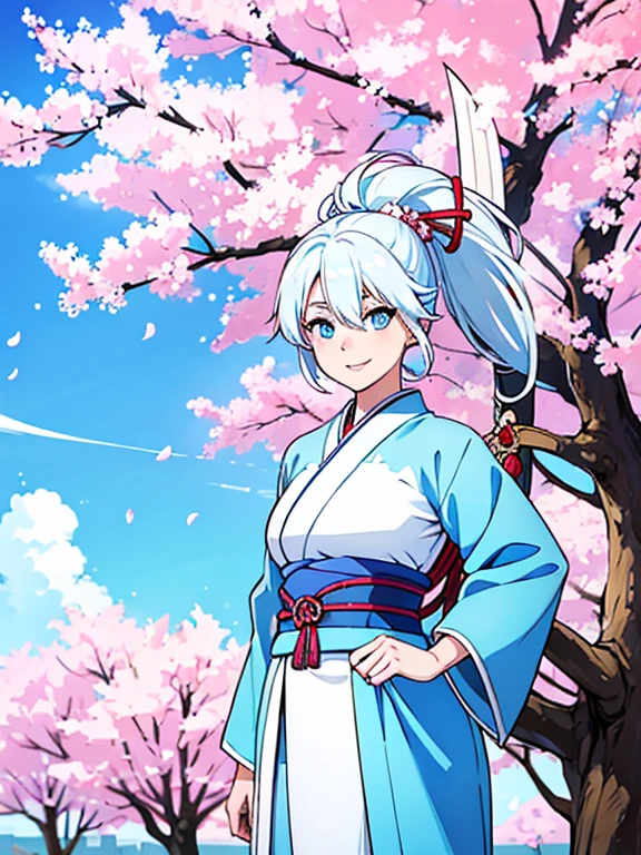 woman, light blue, slightly white hair, down to the waist, wearing Japanese-style clothes, carrying a gold sword, bright blue eyes, with a cheerful face, sky and cherry blossoms in the background
