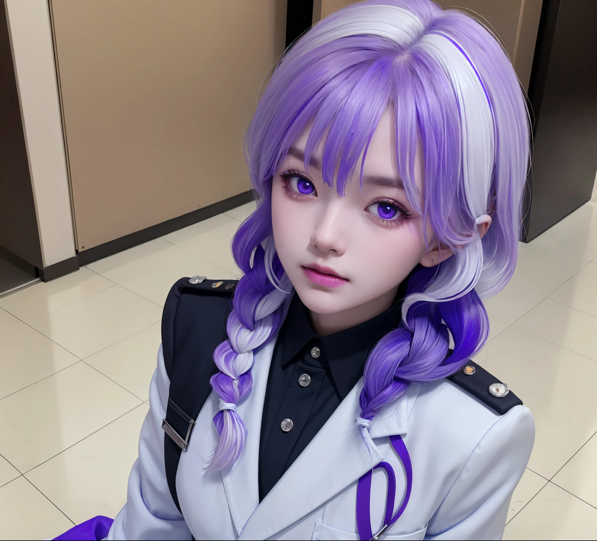 (masterpiece), (high quality), (8k resolution), (RAW photos), (best quality), (masterpiece:1.5), (Practical:1.5), ((photo Practical)), Vivid details, hyper Practical,1 Girl,1 Boy, (Lovely:1.2), beautiful, high quality、Delicate face, Perfect face, (purple hair and white hair:1.4), Red face,Two braids, delicate eyes, (Purple Eyes),Colored eyes,(Big watery eyes),National Foundation,, slim body, looking at the audience, Shut up, Real human skin, shiny skin, ((Uniforms)), sit, floor,