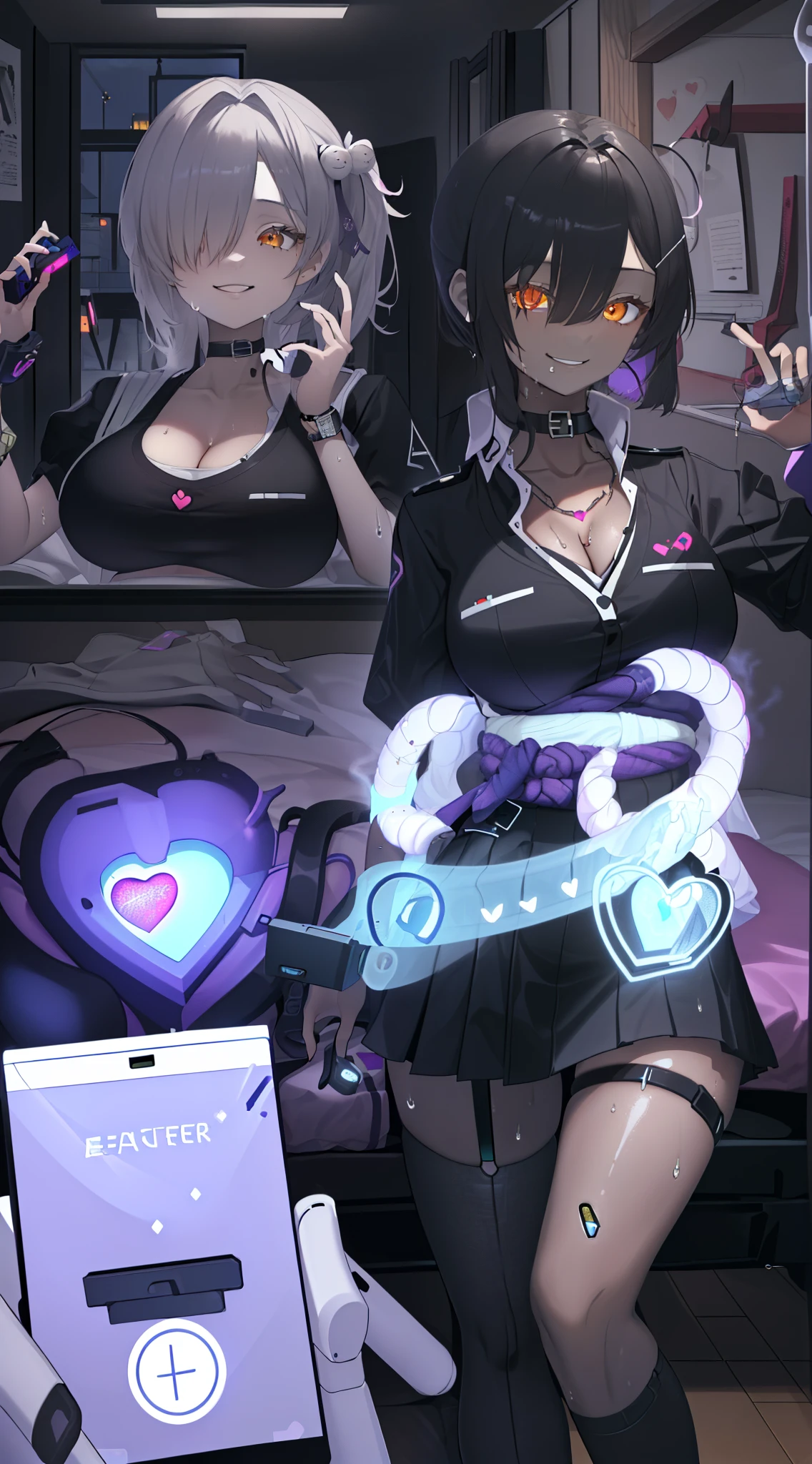 (Safety Sensor、approved、Can be viewed:1.8),masterpiece、highest quality、highest quality、Accurate the human body、Lighting to suit the mood、Accurate、Elaborate、masterpiece、Every detail of the face、Long-tailed, Dark Skin, Woman with dark skin, Side Ponytail, hair ornaments, Hair Clip, White shirt, Bra visible through clothes, Chest pocket, Black choker, Blue tie, Purple scrunchie, bracelet,Latex blue pleated mini skirt, Thigh straps:1.3, Simple Background, whole body, Detailed Background, Big cleavage、(超Big Breasts、An eye is a heart:1.3、Heart Contact Lenses Heart Eye:1.5, Glowing oil skin:1.5, Sweat,vapor:1.5)、(薄Dim lighting:1.5, night:1.5, Love hotels in Japan :1.5、Lie down in bed)、((Many words:1.8, Many heartfelt voices:1.8))、Mature adult woman、Emotional :1.3、(2 girl:1.5、female brat face:1.5, Sexy smile:1.3, Beautiful breasts:1.3,Big Breasts:1.3, Round shapely butt, In close contact:1.3, Embrace、gyaru:1.3, jirai girl:1.3、steam,sweat, Vulgarity、White skin and white hair:1.3, Dark Skinと黒い髪:1.5,Dark Room:1.5, Dim lighting:1.5, night:1.8, Love hotels in Japan、bedroom:1.5)、POV sex, Porn、