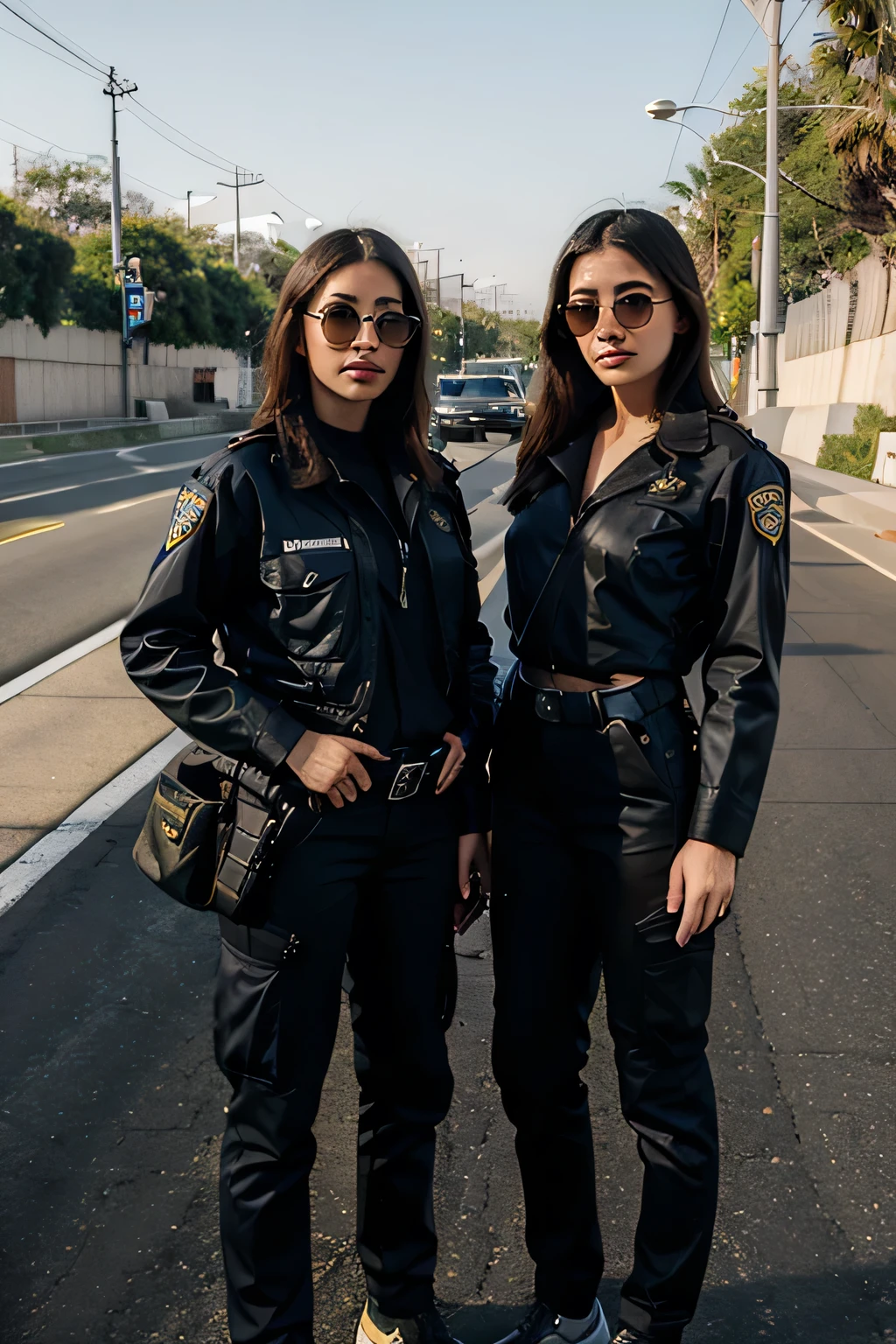 (best quality), (masterpiece), two police of L.A., highway patrollers, wearing dark sunglasses, full body,