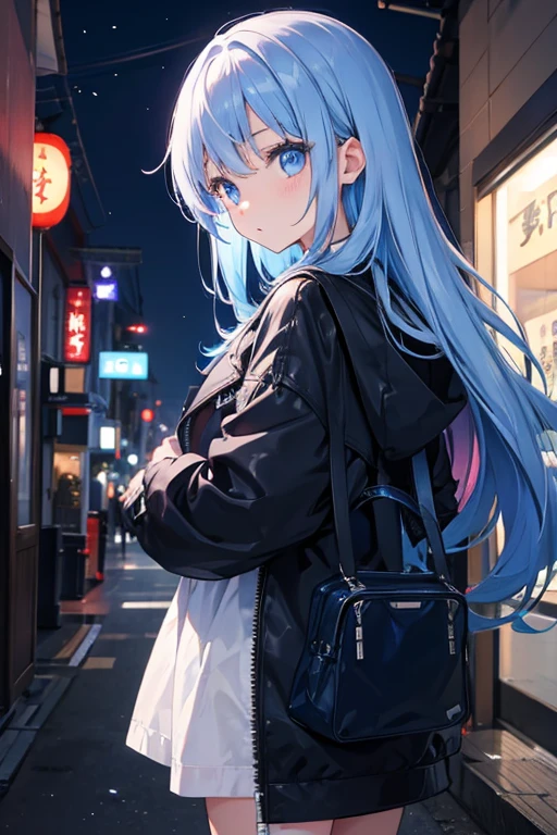girl、blue eyes、Illuminated Hair、Big eyes、Shining Eyes、Jacket、Looking back、night、casual、fashion、Japan