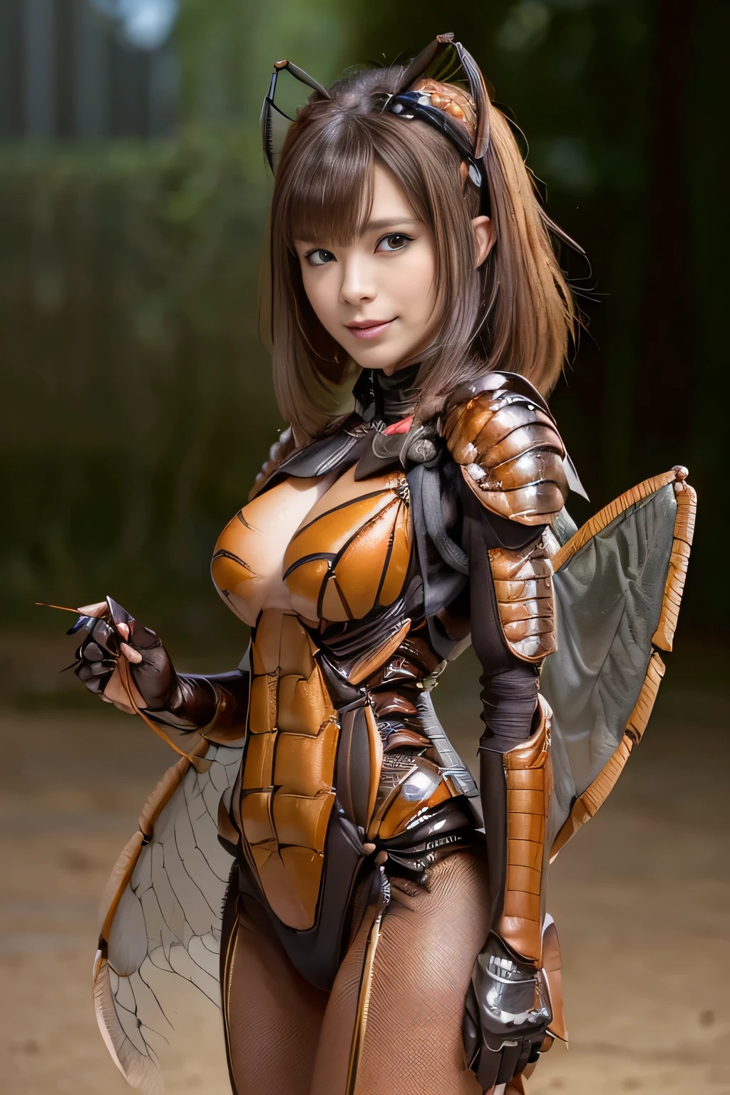 (high resolution,masterpiece,best quality,extremely detailed CG, anime, official art:1.4), realistic, photo, amazing fine details, all intricate, gloss and shiny,awesome many layers, 8k wall paper, 3d, sketch, kawaii, illustration,( solo:1.4), perfect female proportion,villainess, (fusion of dark brown cockroach and lady:1.4), (brown cockroach form lady:1.2), (brown cockroach lady:1.2), (fusion:1.2), (solo:1.4), (evil smile:1.2), muscular, abs, (cockroach brown exoskeleton bio insect suit:1.4), (cockroach brown exoskeleton bio insect armor:1.2), (brown transparency cockroach wing:1.4), (brown cockroach antennae:1.3),