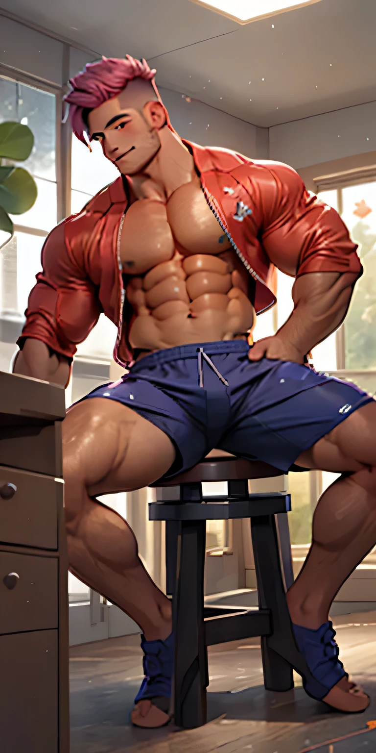 (masterpiece, best quality), 2 boy, young man,Shyness blush,musculous, short blue purple and pink-orange hair, Dark gray eyes, complex, (dress room), full bodyesbian, White baseball uniform, Open light purple jacket, Pectoralis abdominal muscles,vivd colour,(depth of fields:1.2),(abs),Be red in the face,looking at viewert,A piano,spread their legs,giant, fills the room