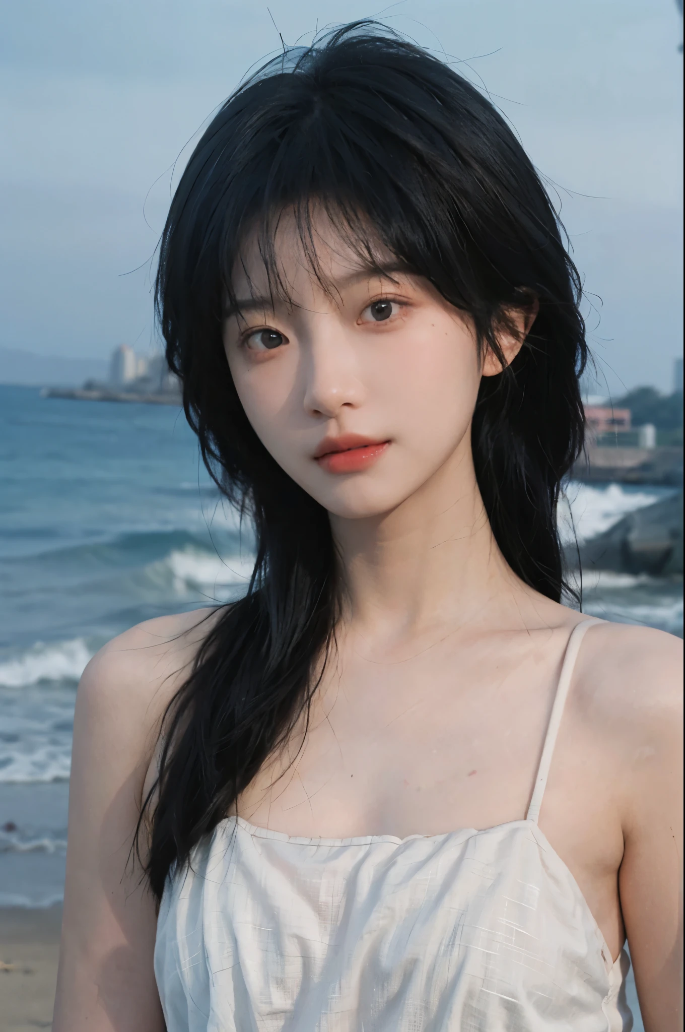 Best quality,Ultra-high resolution,(lifelike:1.4),Cute hairpin,2girll,Short blue hair,jk,Blush,Slim beauty:1.4,Visible abdominal muscles,on the beach,Ultra-fine face,Exquisite eyes,Double eyelids,