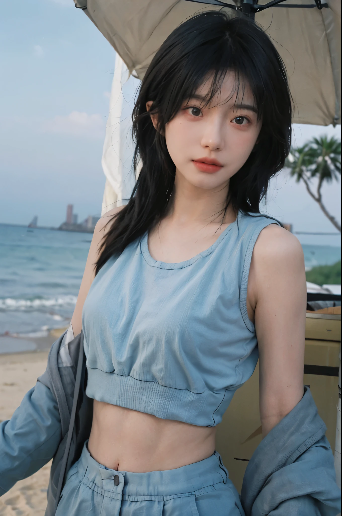 Best quality,Ultra-high resolution,(lifelike:1.4),Cute hairpin,2girll,Short blue hair,jk,Blush,Slim beauty:1.4,Visible abdominal muscles,on the beach,Ultra-fine face,Exquisite eyes,Double eyelids,