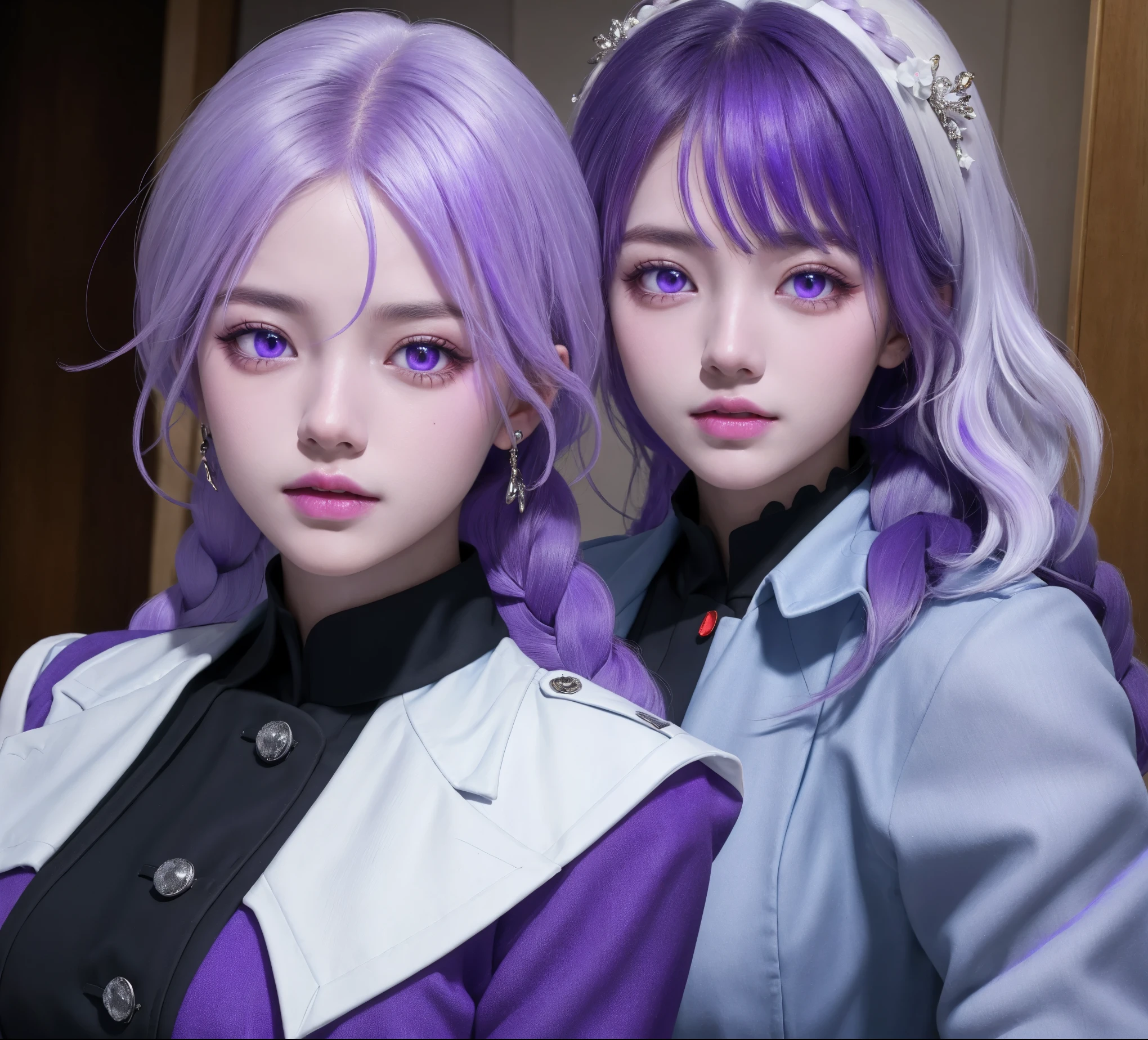 (masterpiece), (high quality), (8k resolution), (RAW photos), (best quality), (masterpiece:1.5), (Practical:1.5), ((photo Practical)), Vivid details, hyper Practical,1 Girl,1 Boy, (Lovely:1.2), beautiful, high quality、Delicate face, Perfect face, (purple hair and white hair:1.4), Red face,Two braids, delicate eyes, (Purple Eyes),Colored eyes,(Big watery eyes),National Foundation,, slim body, looking at the audience, Shut up, Real human skin, shiny skin, ((Uniforms)), sit, floor,