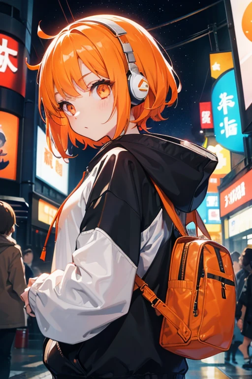 girl、Orange eyes、Illuminated Hair、Big eyes、Shining Eyes、Big white hoodie、headphone、short hair、Looking back、night、casual、fashion、Japan