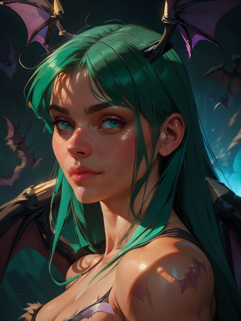 Realistic oil paint portrait of Morrigan Aensland, hot Body, Dynamic sensual pose, soft smile, long green hair, (((Bat wings))) , detailed skin Textures, intricate, detailed face, hyperrealistic, realistic light and shadows , ((cinematic lighting)) . Abstract paint background. Poetic, dramatic. 