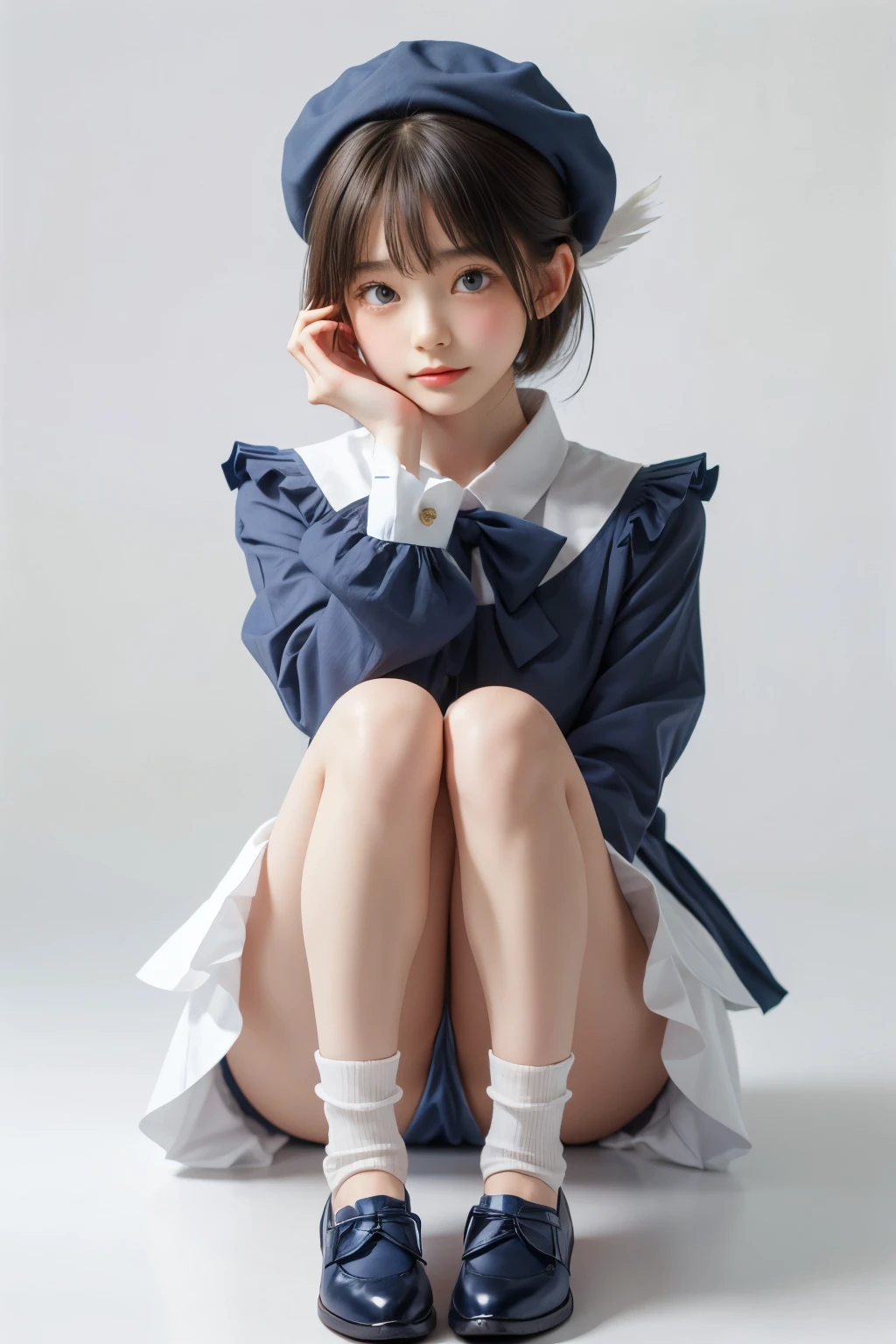 uekura, One girl, Blonde Hair, White Background, Have, dress, Blue footwear, wing, Simple Background, sign, flower, Manicure, Wide sleeves, Long sleeve, blush, animal, white flower, alone, whole body, bird, View Viewer, High heels, Put your hand on your cheek, put your hand on your face, Frills, bow, bangs, ribbon, Bell, Blue hat, +_+, shoes下, short hair, Grey Eyes, shoes, Blue Claws, feathered wing, blue bow