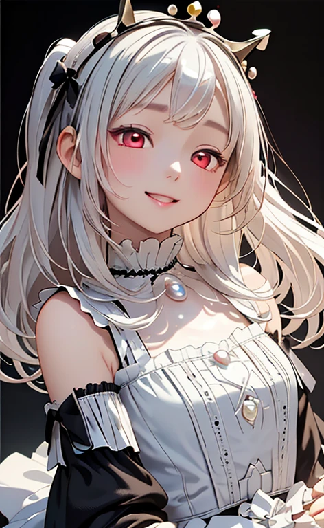(Photorealistic:1.4)、asuna,(masterpiece、lens flare:1.5、spot light:1.2、Exquisite beautiful eyeonochrome:1.5,portlate、)(little devil:1.3),()
、Cute Face、 3D Face、(pearl white hair:1.5)、(wavy hair:1.3),(1 Girl)、(Red eyes:1.2)、(upper body)、(happy:1.5)、(head tilt) ,(Cute face:1.2),(flat chest),(half closed eyes:1.3),kind face,(white lace frilled gothic lolita),(black background:1.5)、(glowing eyes:1.3)、(little crown:1.3)、 Neat and clean、Adorable、Slim Body(Tareme:1.5),Shiny Hair、(Glowing pink Skin)、Nijisketch,Manga,beautifuljapanesewoman