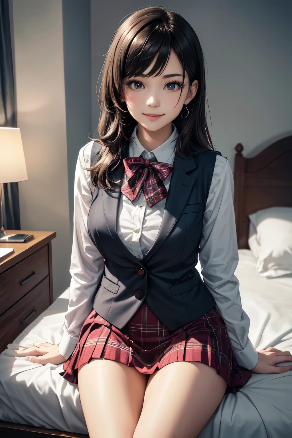 very cute and beautiful girl,(highly detailed beautiful face and eyes),
sitting on bed sheet,office lady plaid vest,long sleeve white blouse
BREAK (smile:1.2),looking at viewer,fashion bag,cosmetic bag,tight pleated black mini skirt,black hair,hotel bedroom,
(best quality,masterpiece),absurdres,highres,ultra-detailed,extremely detailed,32k,8k resolution,
intricate details,cinematic scene,detailed background,solo,dynamic angle,