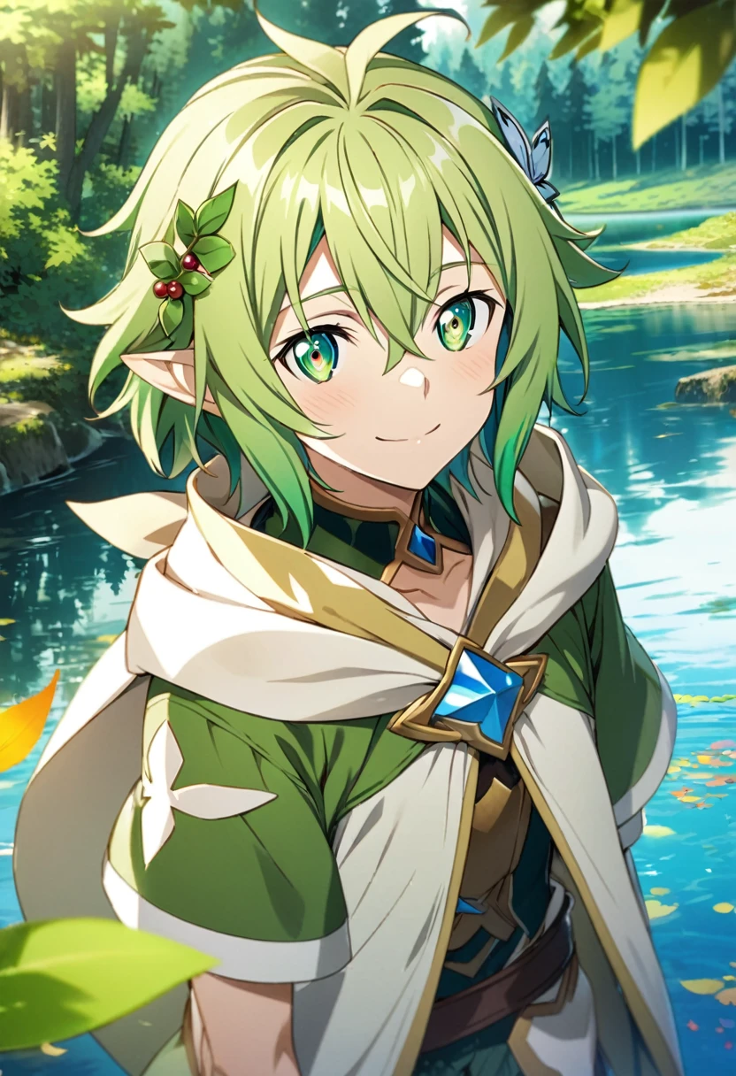 Hyakuya Mikaela \(Sword Art Online\), (long forest green hair), (olive green eyes):1.2, (Elf), fairy costume, bangs, smiling gently, colorful leaves hair ornament, half-up hairstyle, ((ultra-detailed)), ((illustration)), ((neat hair)), (beautiful detailed eyes), male, 1boy, standing, (lake, forest)), looking at viewer