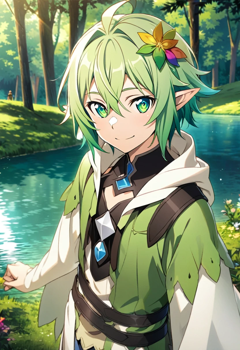 Hyakuya Mikaela \(Sword Art Online\), (long forest green hair), (olive green eyes):1.2, (Elf), fairy costume, bangs, smiling gently, colorful leaves hair ornament, half-up hairstyle, ((ultra-detailed)), ((illustration)), ((neat hair)), (beautiful detailed eyes), male, 1boy, standing, (lake, forest)), looking at viewer