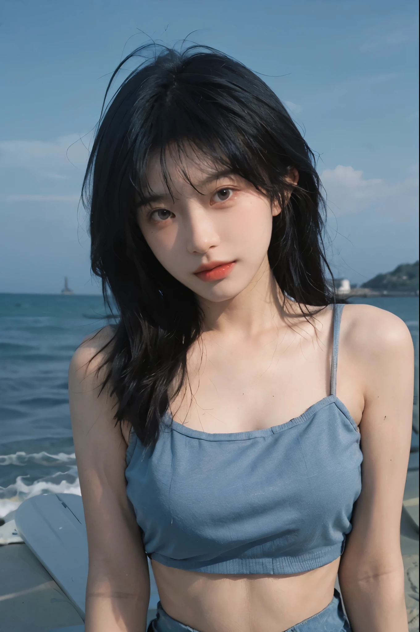 Best quality,Ultra-high resolution,(lifelike:1.4),Cute hairpin,2girll,Short blue hair,jk,Blush,Slim beauty:1.4,Visible abdominal muscles,on the beach,Ultra-fine face,Exquisite eyes,Double eyelids,