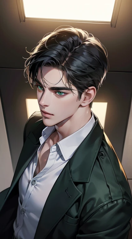 (best quality, masterpiece, 8K, photorealistic, cinematic lighting, 1:4 hdr image, top view, ultra detailed, beautiful image), a mature man, very handsome, short black hair, green eyes, perfect face without errors , ((buttoning his jacket, CEO))