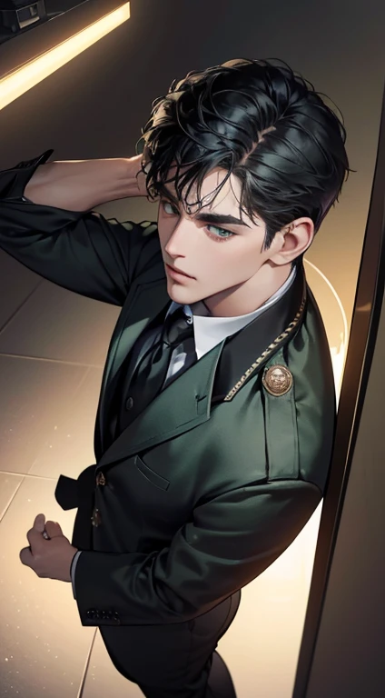 (best quality, masterpiece, 8K, photorealistic, cinematic lighting, 1:4 hdr image, top view, ultra detailed, beautiful image), a mature man, very handsome, short black hair, green eyes, perfect face without errors , ((buttoning his jacket, CEO))