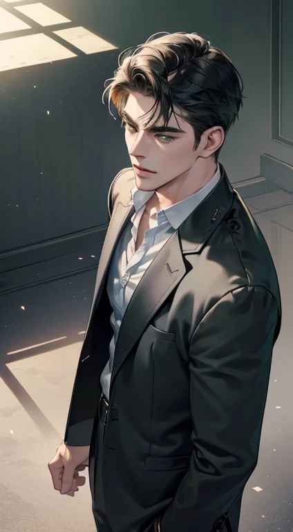 (best quality, masterpiece, 8K, photorealistic, cinematic lighting, 1:4 hdr image, top view, ultra detailed, beautiful image), a mature man, very handsome, short black hair, green eyes, perfect face without errors , ((buttoning his jacket, CEO))