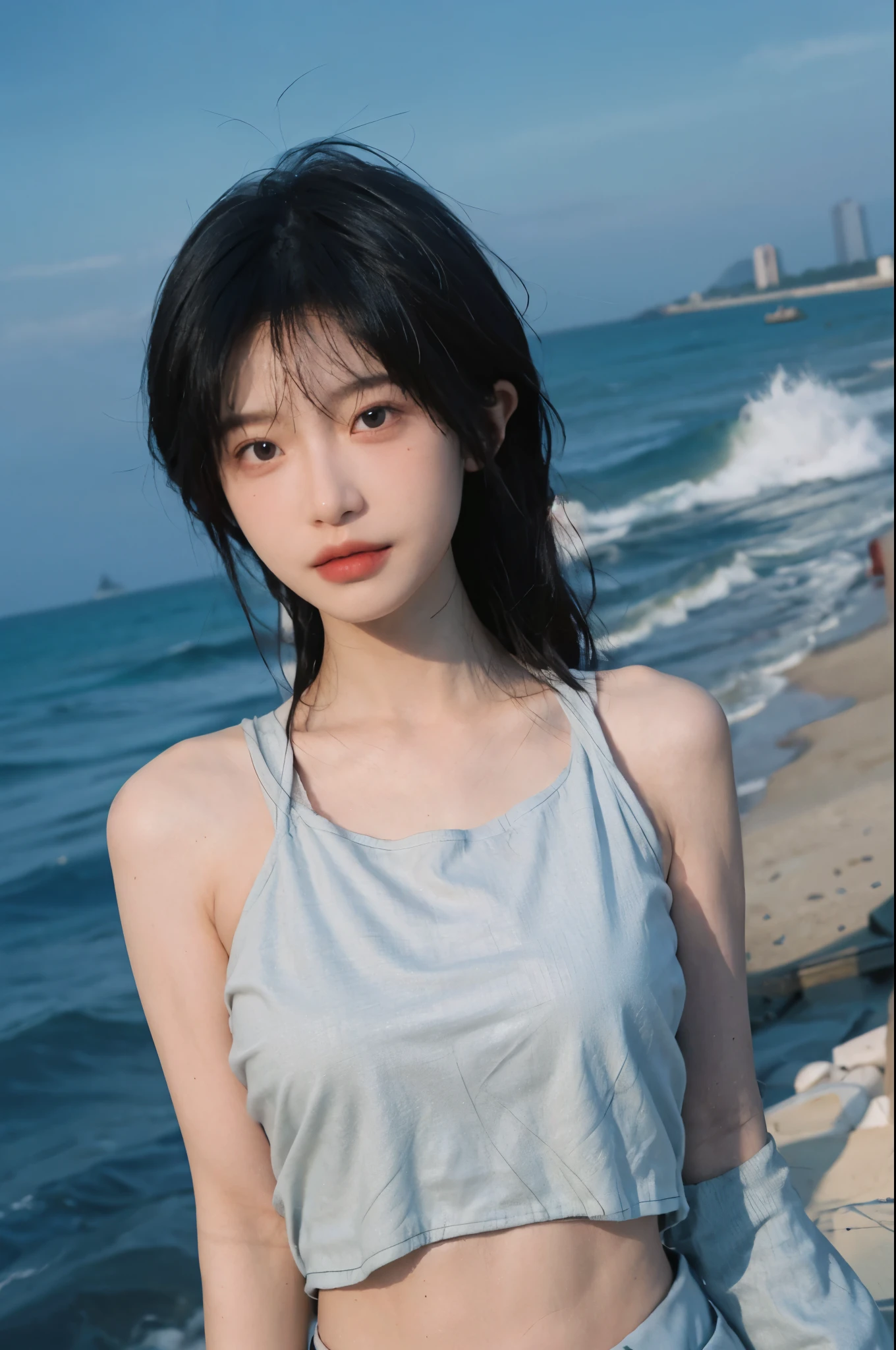 Best quality，Ultra-high resolution，（lifelike：1.4），Cute hairpin，2girll，Short blue hair，jk，Blush，Slim beauty：1.4，Visible abdominal muscles，on the beach，Ultra-fine face，Exquisite eyes，Double eyelids，