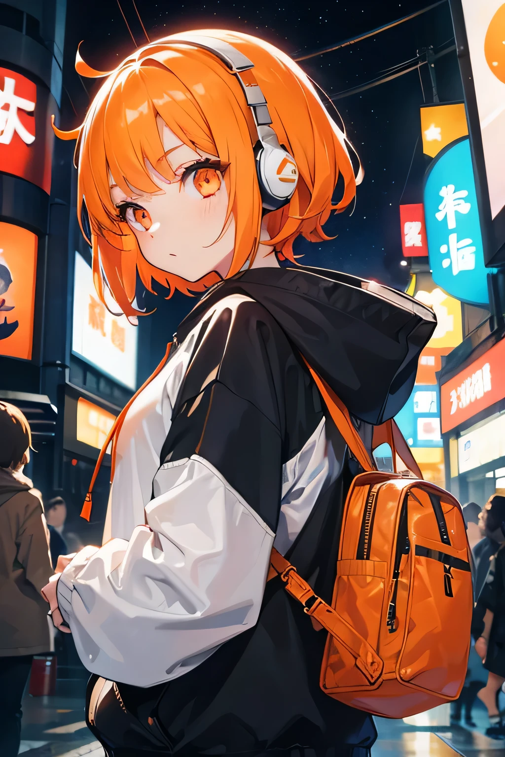 girl、Orange eyes、Illuminated Hair、Big eyes、Shining Eyes、Big white hoodie、headphone、short hair、Looking back、night、casual、fashion、Japan