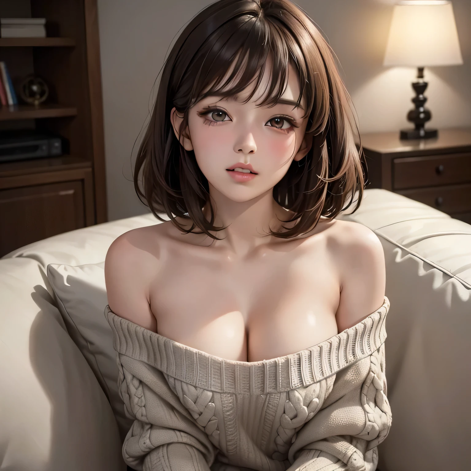 Amazing portrait of a sexy and cute woman who is your best friend's sister who is alone at her home having a late night gaming session with her brown hair in a short bob style with soft eyes and parted lips with a deep blush wearing an off shoulder oversized grey sweater sitting on a couch during night time and it's raining outside with warm lighting inside