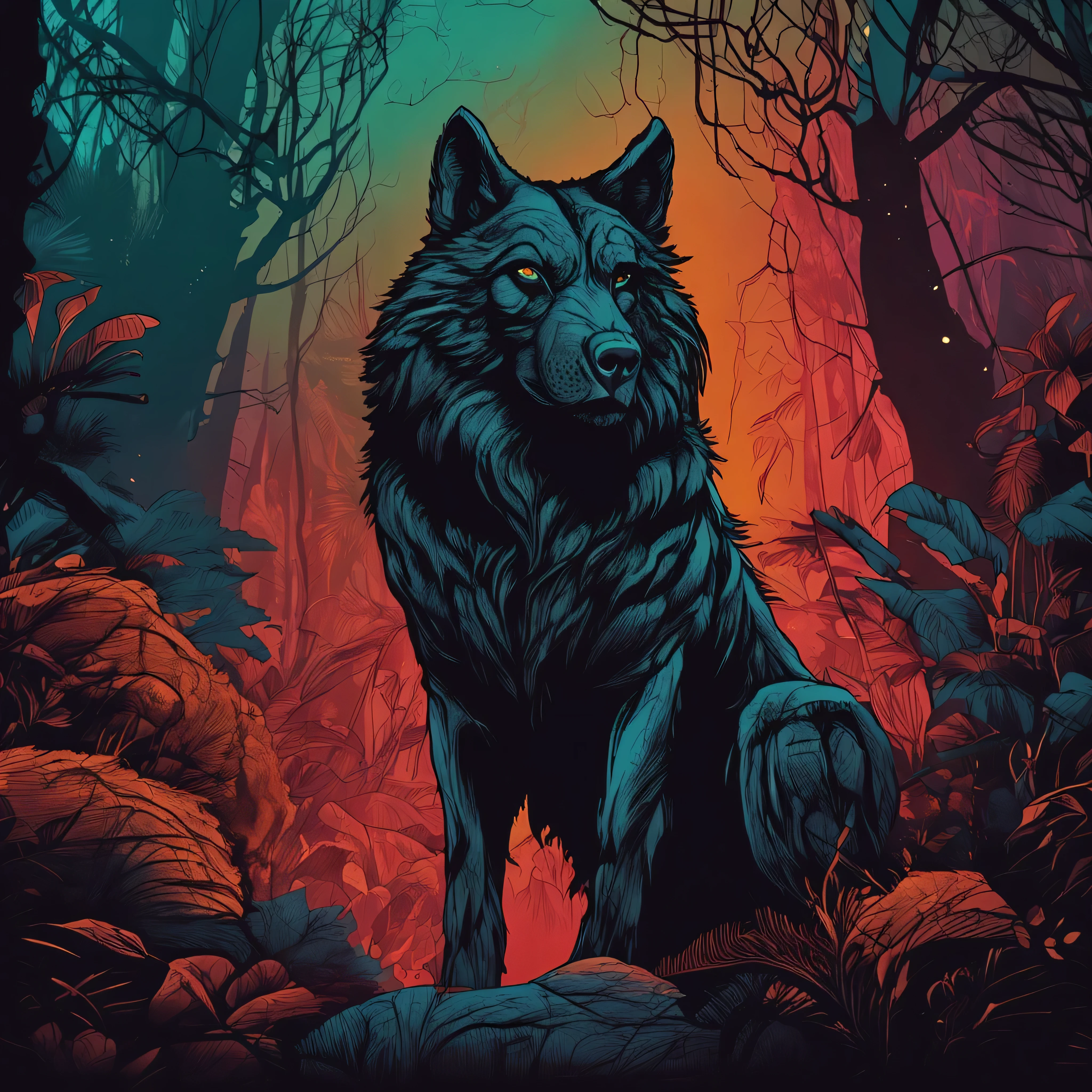 lobo preto imagem escura de fundo estilo filme chamado da floresta