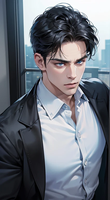 (best quality, masterpiece, 8K, photorealistic, cinematic lighting, 1:4 hdr image, ultra detailed, beautiful image), a mature man, 34 years very handsome, ((cold expression)), short black hair, blue eyes, face perfect without mistakes, ((buttoning his jacket, CEO))