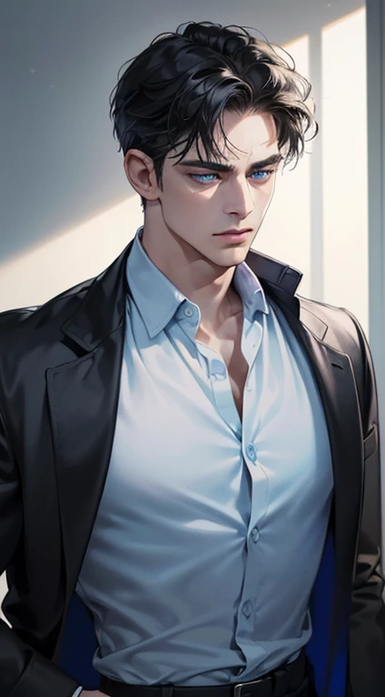 (best quality, masterpiece, 8K, photorealistic, cinematic lighting, 1:4 hdr image, ultra detailed, beautiful image), a mature man, 34 years very handsome, ((cold expression)), short black hair, blue eyes, face perfect without mistakes, ((buttoning his jacket, CEO))