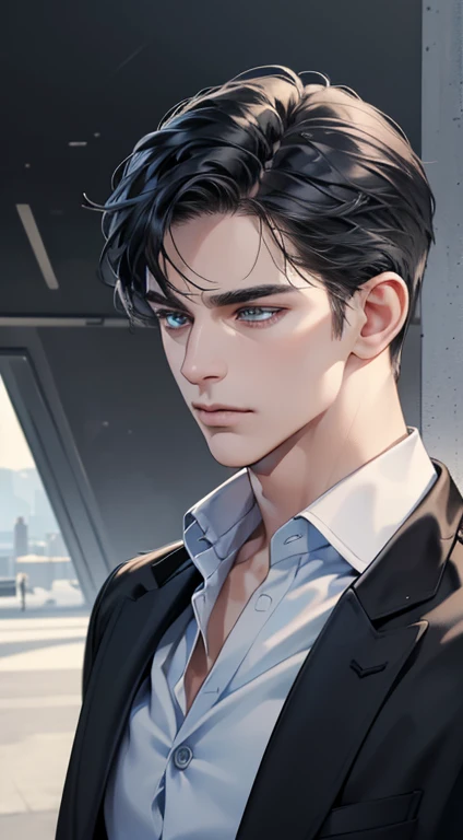 (best quality, masterpiece, 8K, photorealistic, cinematic lighting, 1:4 hdr image, ultra detailed, beautiful image), a mature man, 34 years very handsome, ((cold expression)), short black hair, blue eyes, face perfect without mistakes, ((buttoning his jacket, CEO))