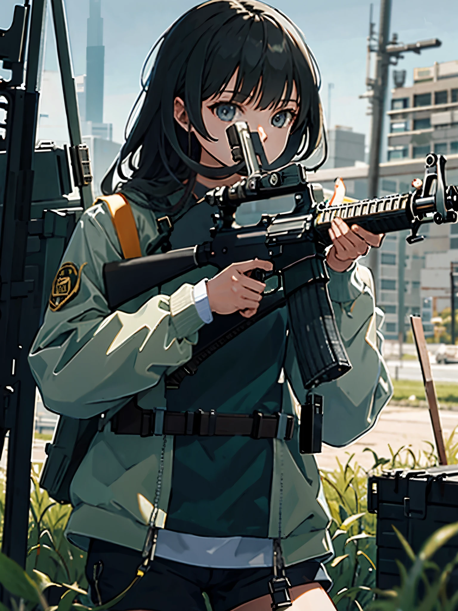 masterpiece, best quality, solo focus, 1girl, (holding an m16a2)