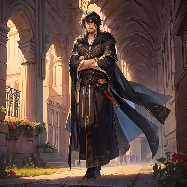 short fuzzy black hair, handsome rogueish male, pronounced jawline, dressed in a slavic tunic