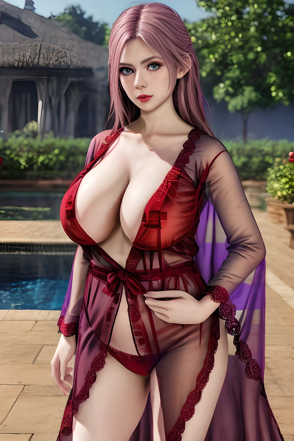1girl,(RED theme: 1.2), (Sheer fabric pajamas: 1.2),(Velvet fabric robe: 1.2), (Ice flower Robe: 1.15), ,garden,moon,(huge breasts),lactating,(lip gloss),(masterpiece), best quality, (real life portrait photography:1.5),unltra detailed,8K,Shot with a professional-grade camera like the Nikon D850,every intricate detail is captured, from the subtlest expression to the glimmer of anticipation in her eyes,Focus on thighs and above,solo, elise,