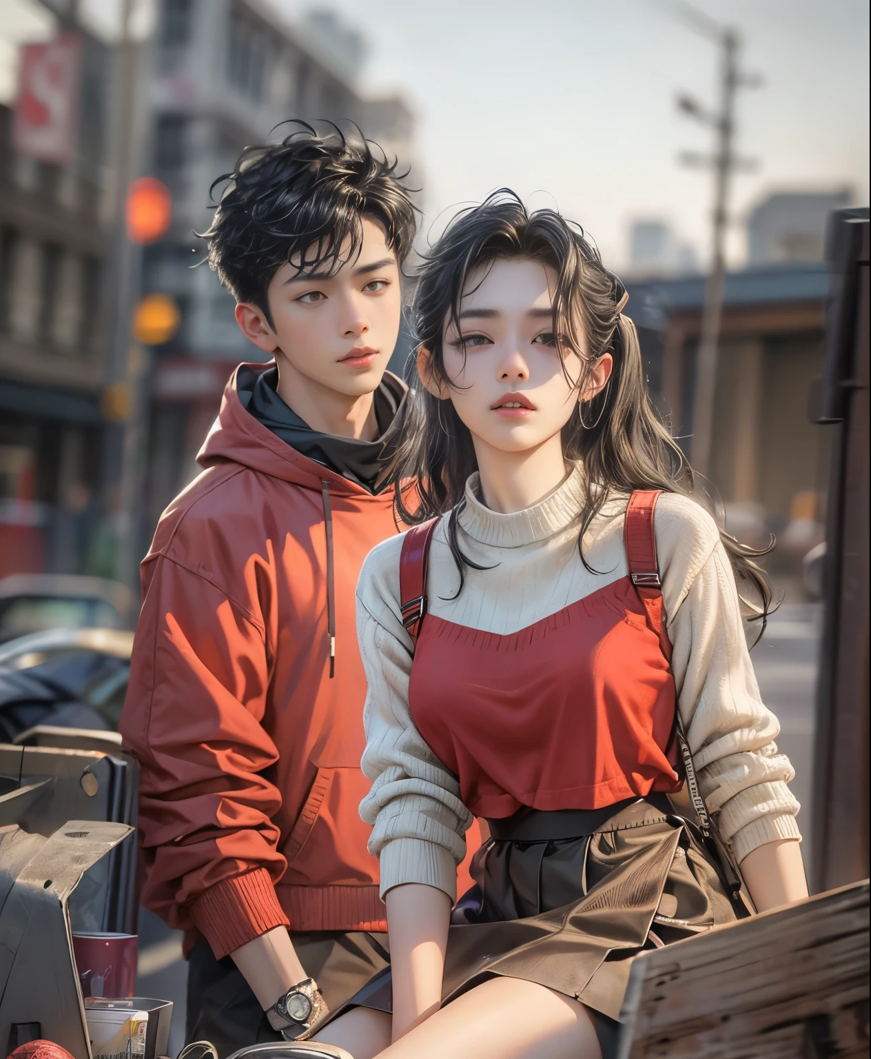 a masterpiece,Bestquality,offical art,8kwallpaper,Extremely Detailed,Illustration,23 year old 1GIR in curly black hair and 1BOY in spike hair, Trendy outfits,watch,sneaker shoes,squat down,Hands droop naturally,Hooded jacket,Street side,