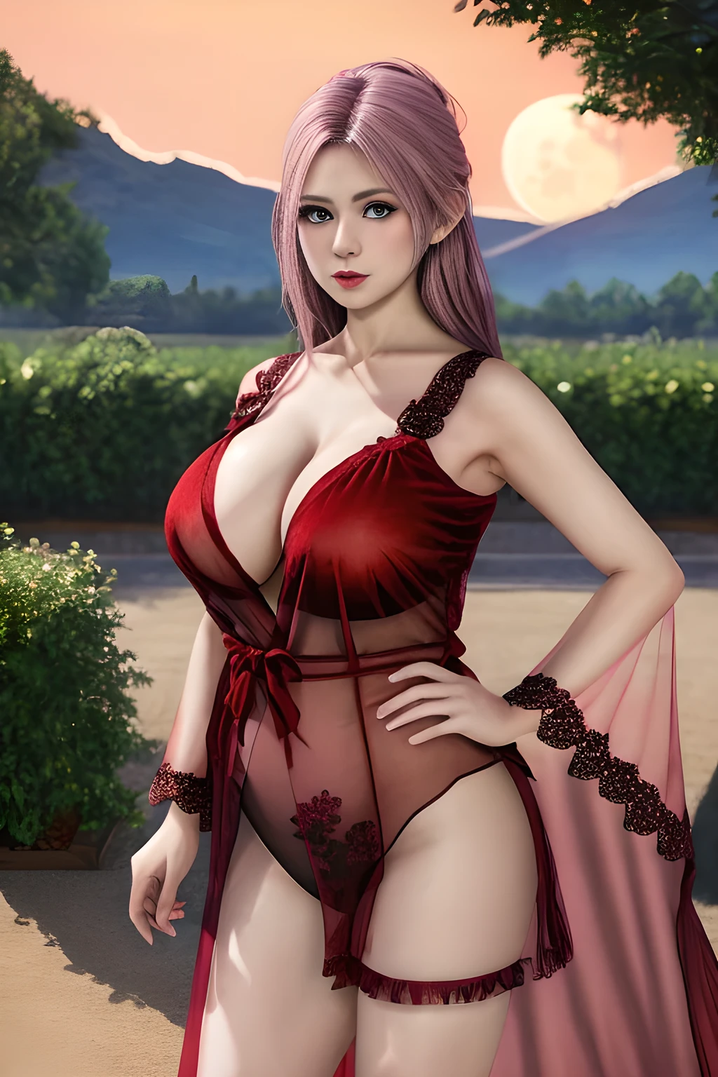 1girl,(RED theme: 1.2), (Sheer fabric pajamas: 1.2),(Velvet fabric robe: 1.2), (Ice flower Robe: 1.15), ,garden,moon,(huge breasts),lactating,(lip gloss),(masterpiece), best quality, (real life portrait photography:1.5),unltra detailed,8K,Shot with a professional-grade camera like the Nikon D850,every intricate detail is captured, from the subtlest expression to the glimmer of anticipation in her eyes,Focus on thighs and above,solo, elise,