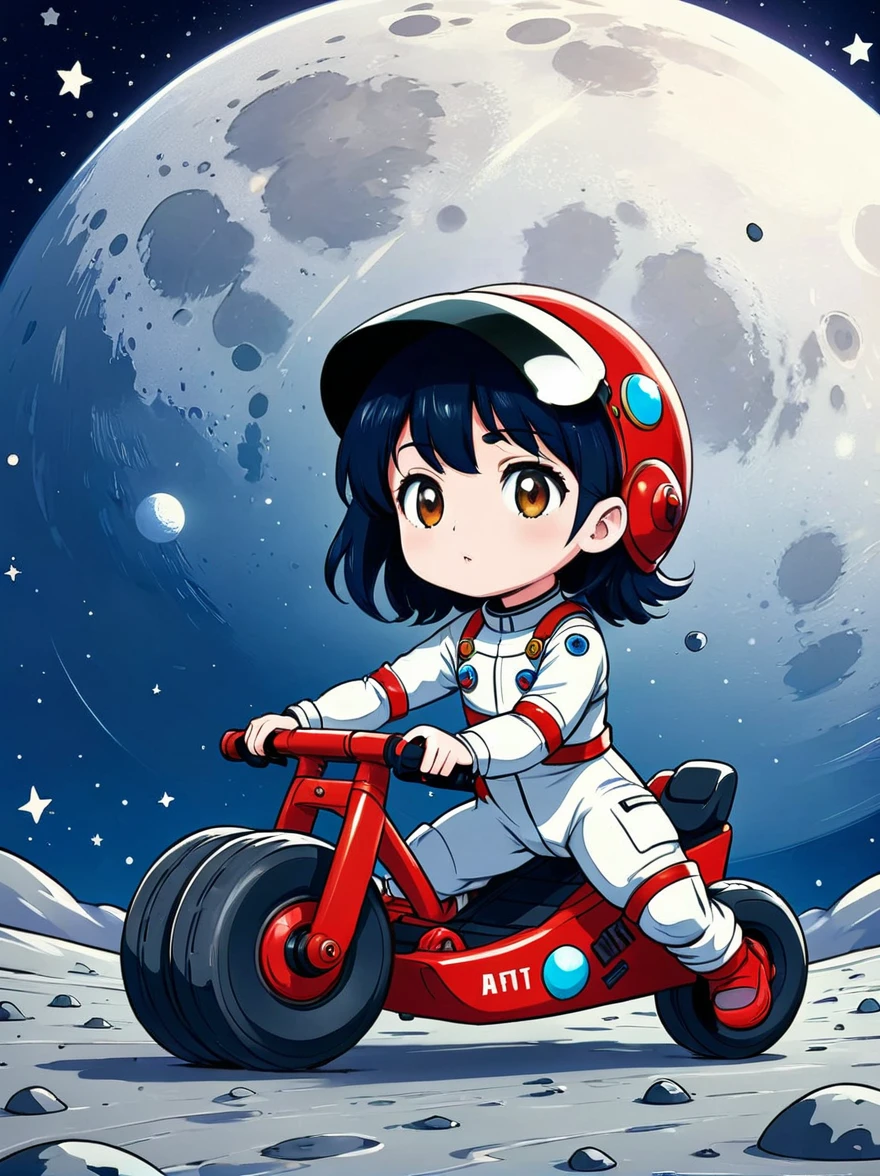 cinematic film still A visually striking chibi-style astronaut is depicted with remarkable detail, wearing a black tinted visor and a crisp white suit with red straps. This adorable hero is captured riding on a 's tricycle with big grippy tires, exploring the surface of the moon. The background showcases a delightful galaxy filled with stars and cosmic wonder. This conceptual art piece blends anime, photography, illustration, and typography to create a whimsical and imaginative portrayal of space exploration.