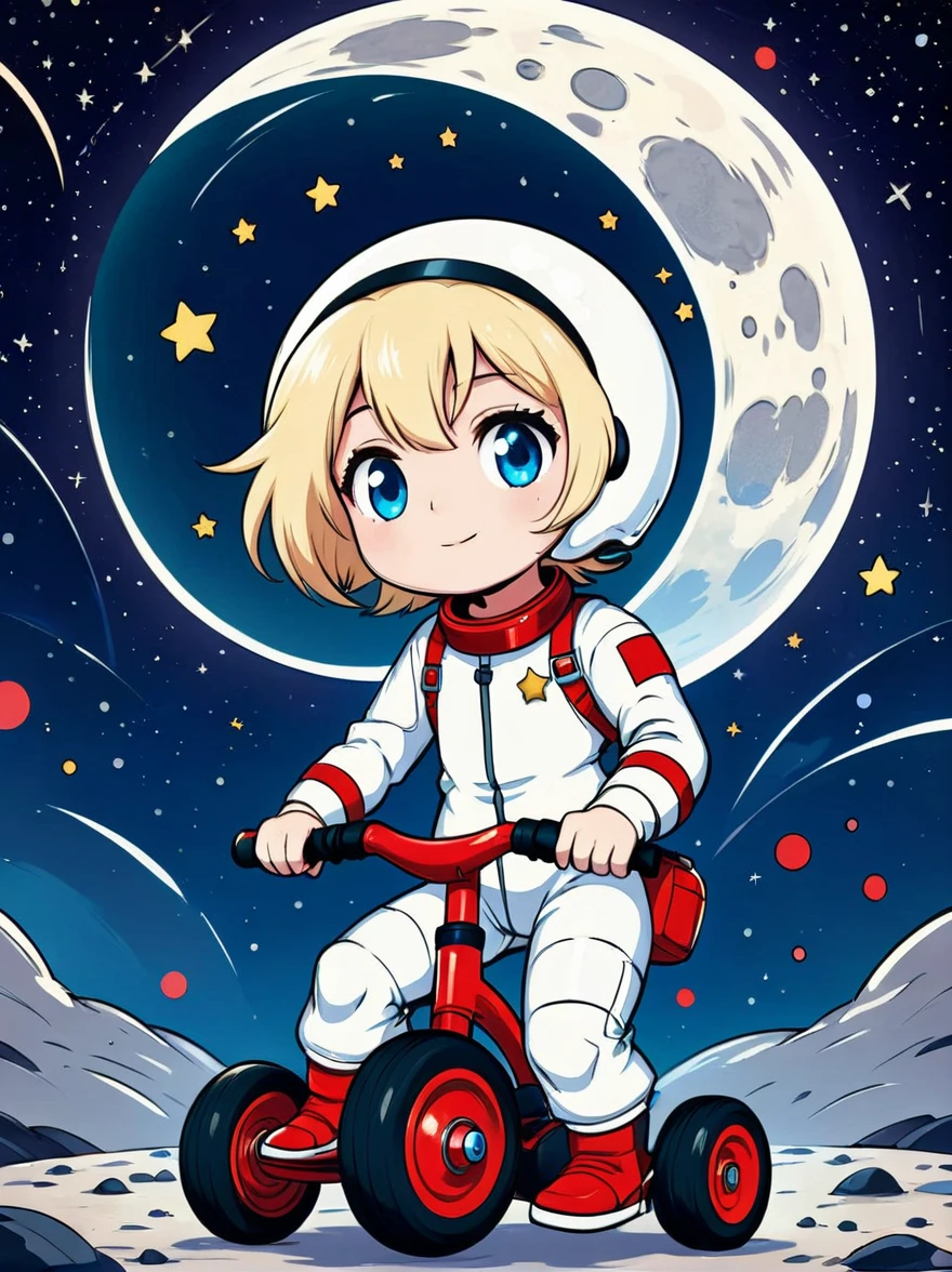 cinematic film still A visually striking chibi-style astronaut is depicted with remarkable detail, wearing a black tinted visor and a crisp white suit with red straps. This adorable hero is captured riding on a 's tricycle with big grippy tires, exploring the surface of the moon. The background showcases a delightful galaxy filled with stars and cosmic wonder. This conceptual art piece blends anime, photography, illustration, and typography to create a whimsical and imaginative portrayal of space exploration.