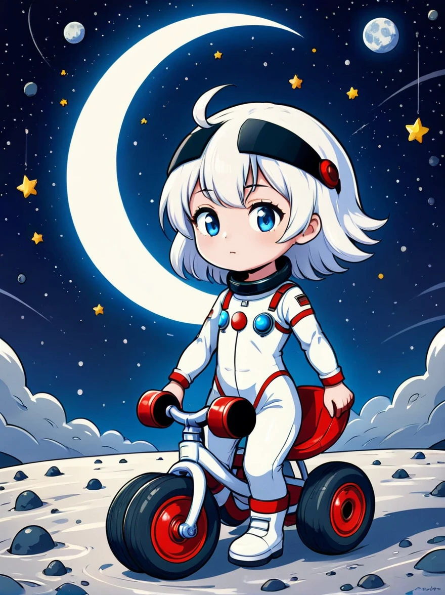 cinematic film still A visually striking chibi-style astronaut is depicted with remarkable detail, wearing a black tinted visor and a crisp white suit with red straps. This adorable hero is captured riding on a 's tricycle with big grippy tires, exploring the surface of the moon. The background showcases a delightful galaxy filled with stars and cosmic wonder. This conceptual art piece blends anime, photography, illustration, and typography to create a whimsical and imaginative portrayal of space exploration.